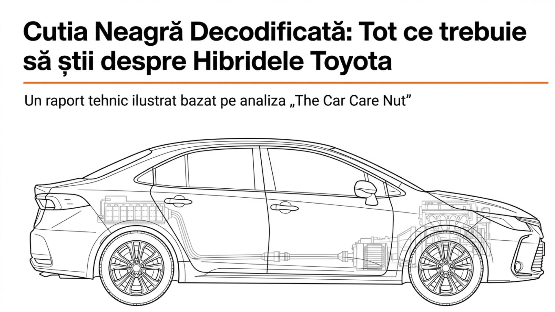 diagramă tehnică automobil hibrid Toyota cu componente interne evidențiate