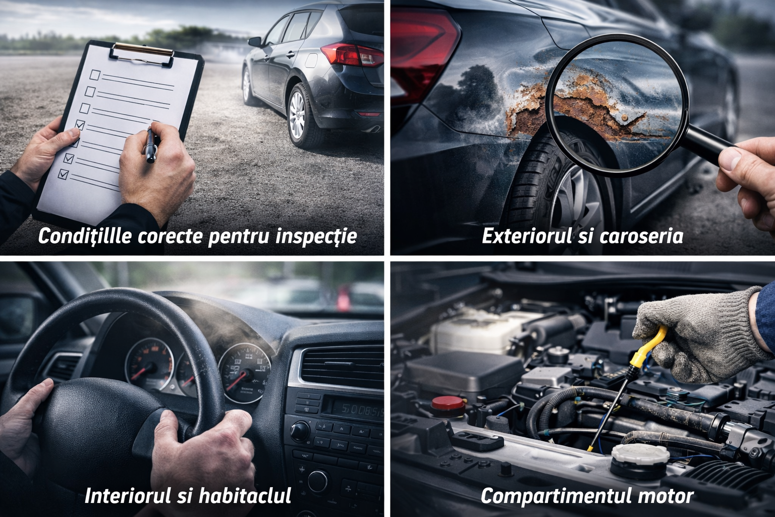 Colaj inspecție mașină second-hand cu verificare exterior, interior, motor și checklist de evaluare