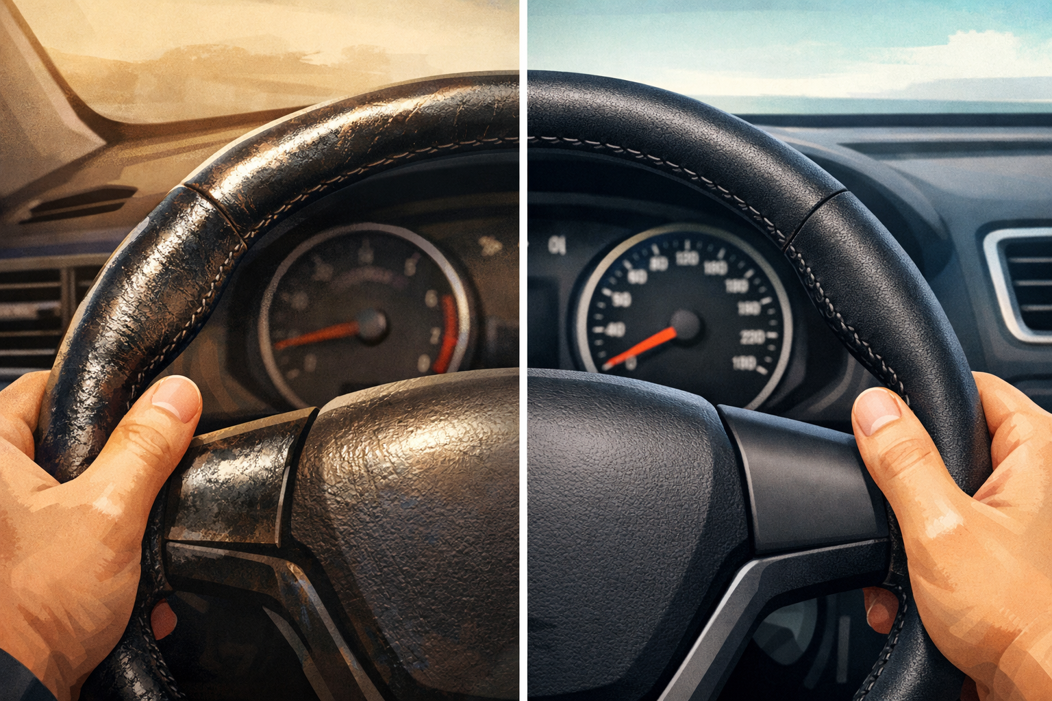 Volan auto uzat comparativ cu volan recondiționat, văzut din poziția șoferului