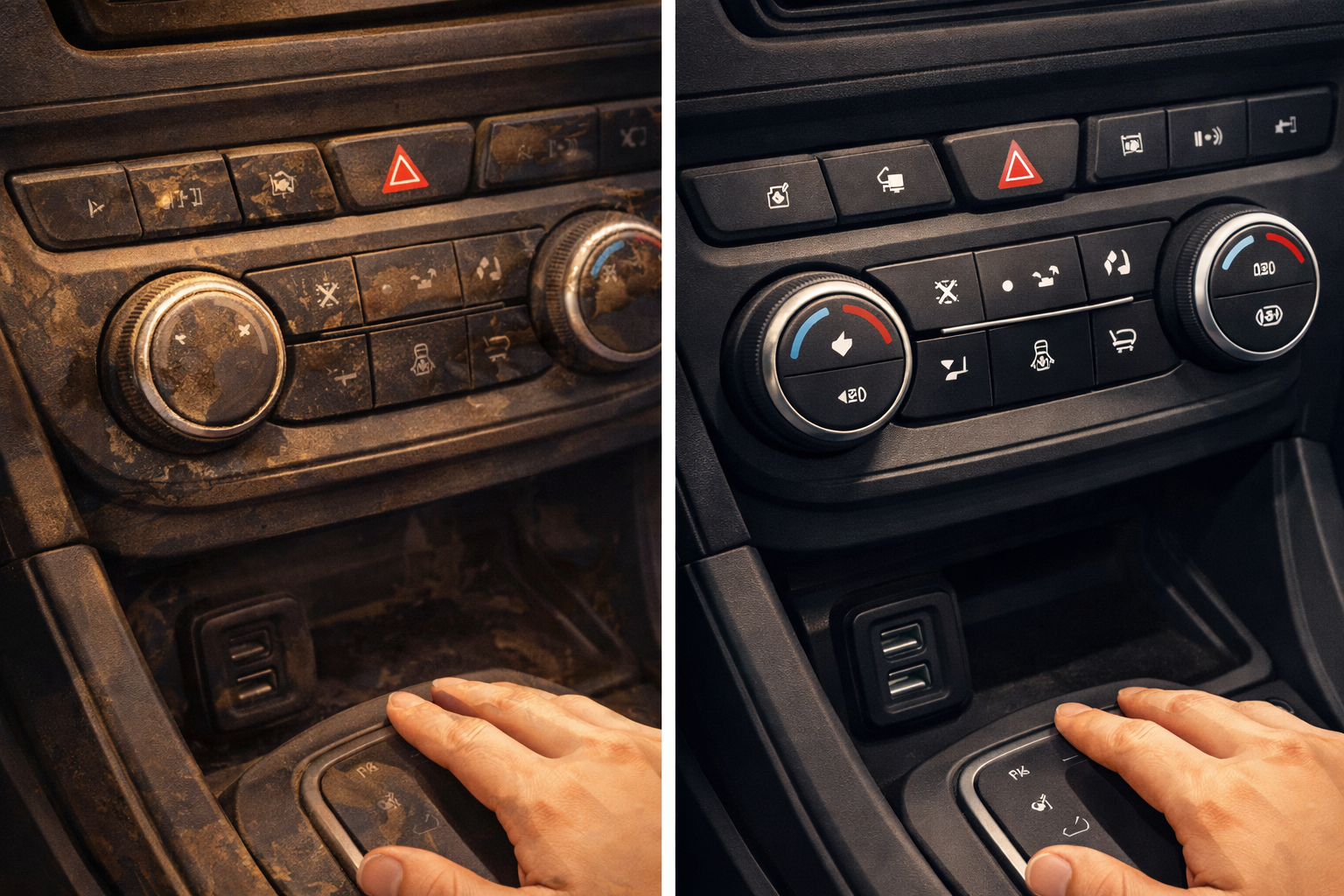 Consolă centrală auto murdară comparativ cu consolă curată