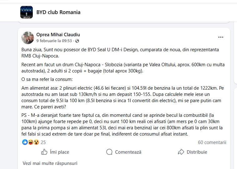 utilizator din România reclamă consum de 9,5 l/100 km și neconcordanțe la estimarea autonomiei, după un drum de 1.222 km